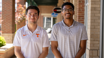 Two AluminAiry founders in UT polo shirts