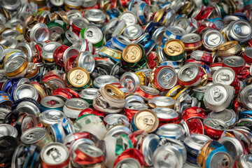 A dense pile of crushed post-consumer aluminum beverage cans