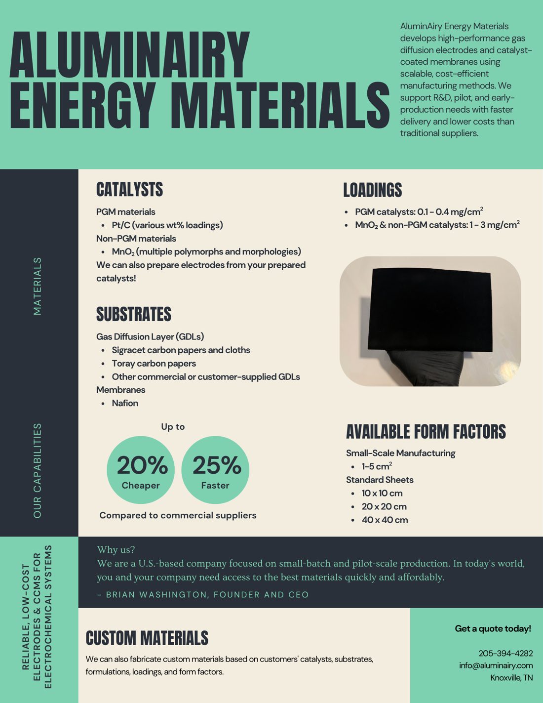 AluminAiry Energy Materials one-page capabilities sheet listing catalysts, substrates, loadings, and form factors